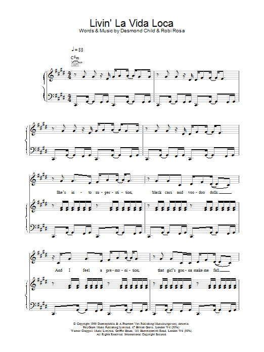 Ricky Martin Livin' La Vida Loca sheet music notes and chords arranged for Piano Chords/Lyrics