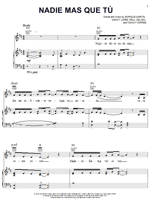 Ricky Martin Nadie Mas Que Tu sheet music notes and chords arranged for Piano, Vocal & Guitar Chords (Right-Hand Melody)