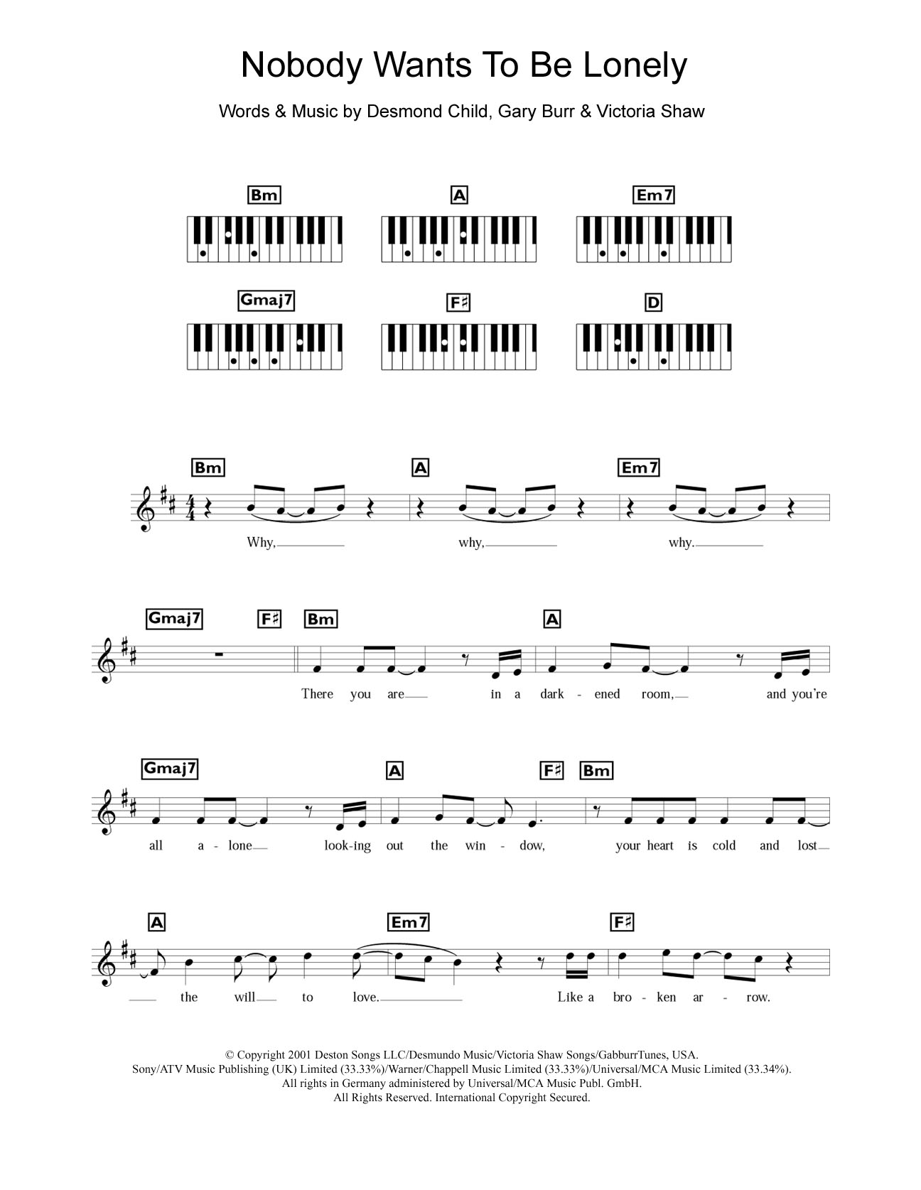 Ricky Martin Nobody Wants To Be Lonely sheet music notes and chords arranged for Piano Chords/Lyrics