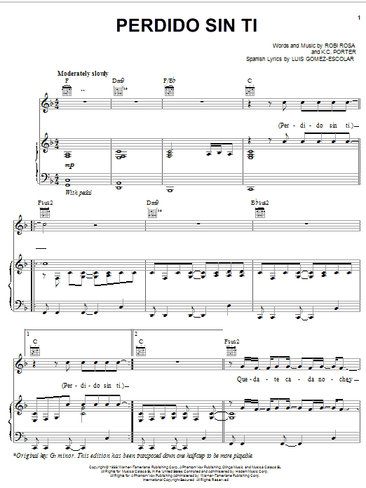 Ricky Martin Perdido Sin Ti sheet music notes and chords arranged for Piano, Vocal & Guitar Chords (Right-Hand Melody)