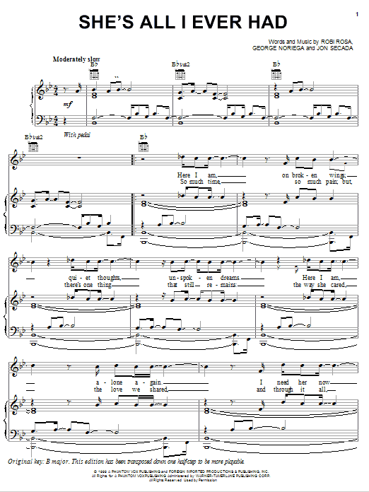 Ricky Martin She's All I Ever Had sheet music notes and chords arranged for Piano, Vocal & Guitar Chords (Right-Hand Melody)