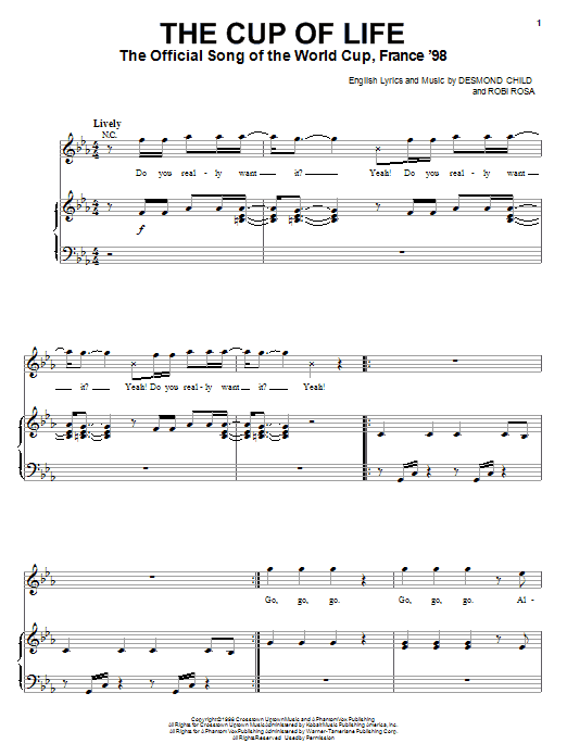 Ricky Martin The Cup Of Life sheet music notes and chords arranged for Piano, Vocal & Guitar Chords (Right-Hand Melody)