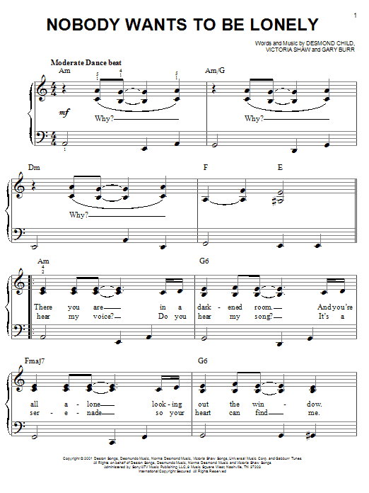 Ricky Martin with Christina Aguilera Nobody Wants To Be Lonely sheet music notes and chords arranged for Piano, Vocal & Guitar Chords (Right-Hand Melody)