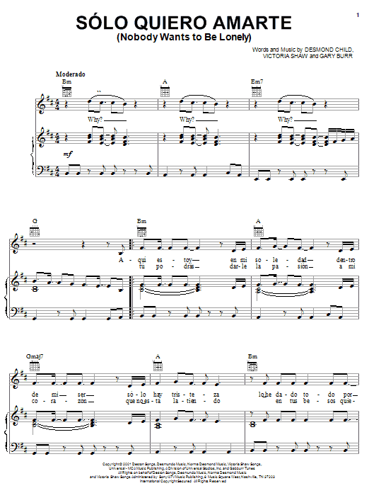 Ricky Martin with Christina Aguilera Solo Quiero Amarte (Nobody Wants To Be Lonely) sheet music notes and chords arranged for Piano, Vocal & Guitar Chords (Right-Hand Melody)