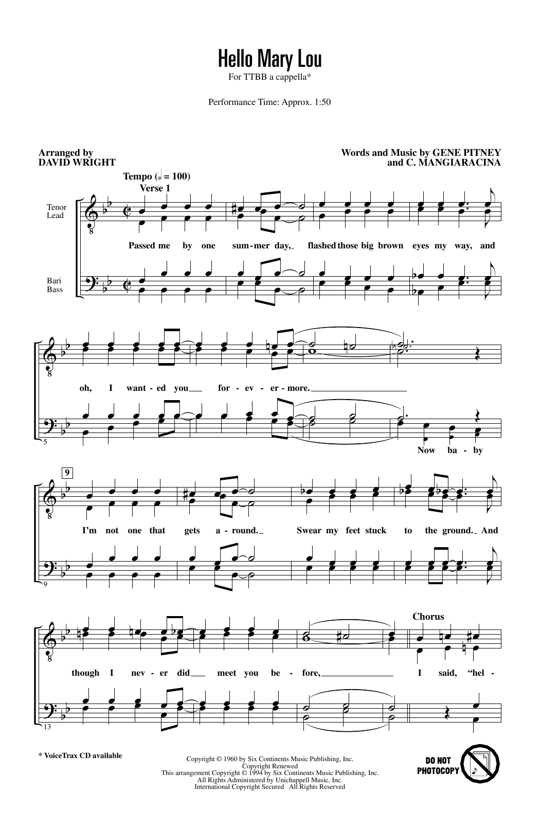 Ricky Nelson Hello Mary Lou (arr. David Wright) sheet music notes and chords arranged for TTBB Choir