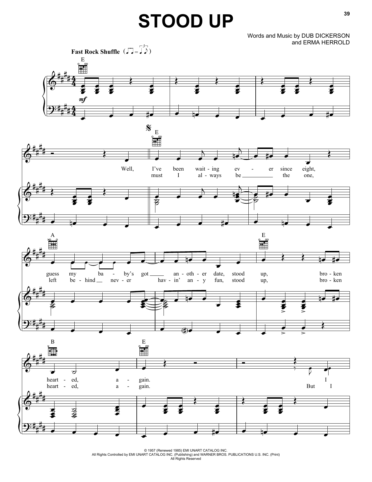 Ricky Nelson Stood Up sheet music notes and chords arranged for Piano, Vocal & Guitar Chords (Right-Hand Melody)
