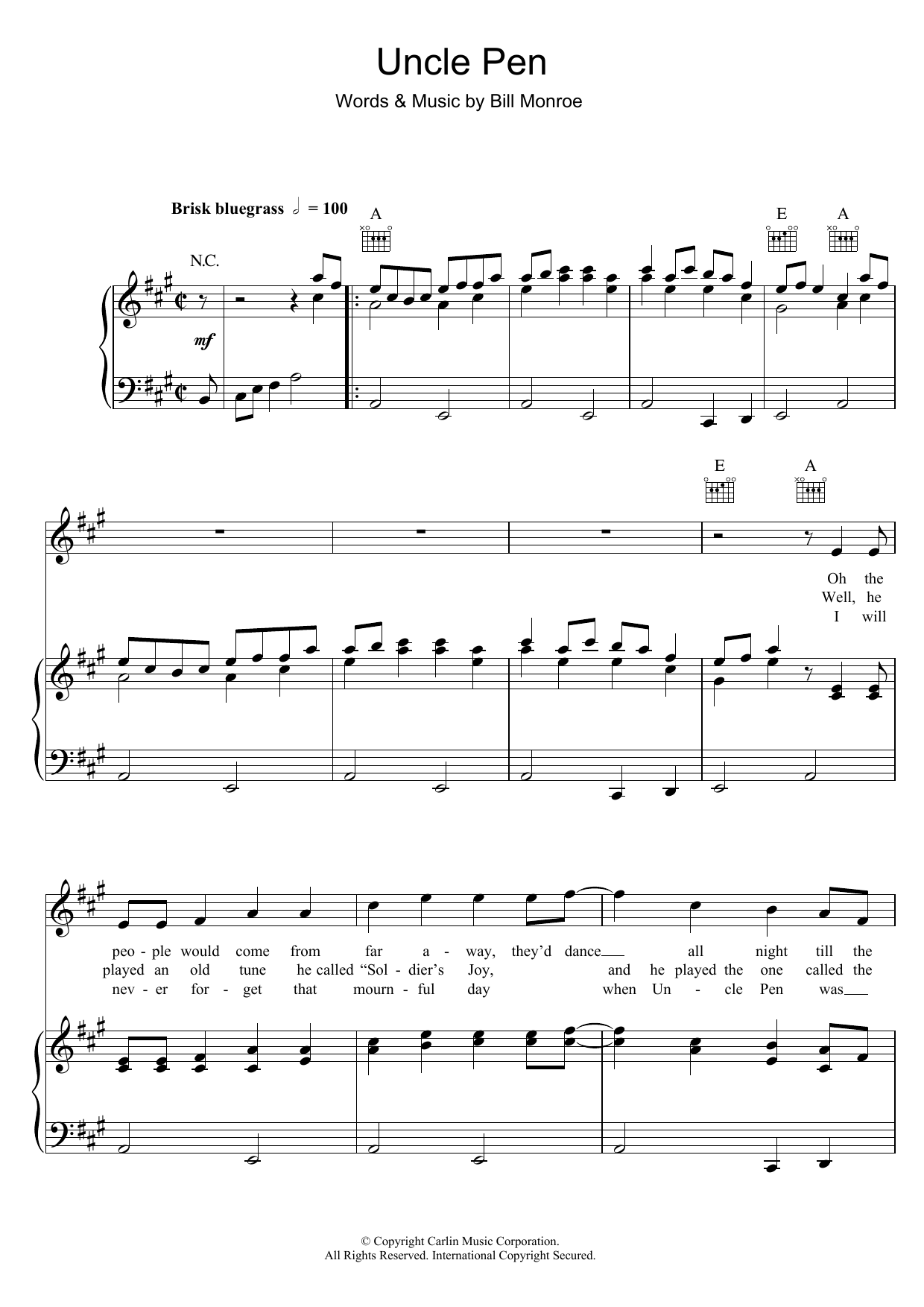 Ricky Skaggs Uncle Pen sheet music notes and chords arranged for Piano, Vocal & Guitar Chords