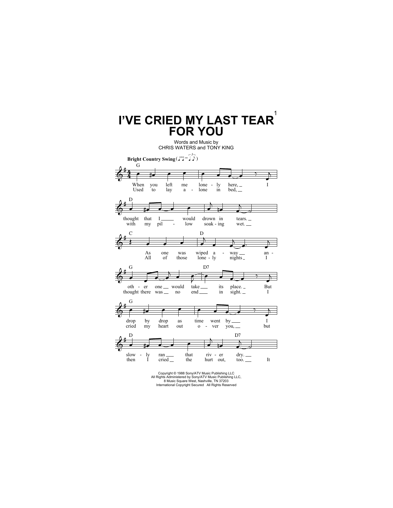 Ricky Van Shelton I've Cried My Last Tear For You sheet music notes and chords arranged for Lead Sheet / Fake Book