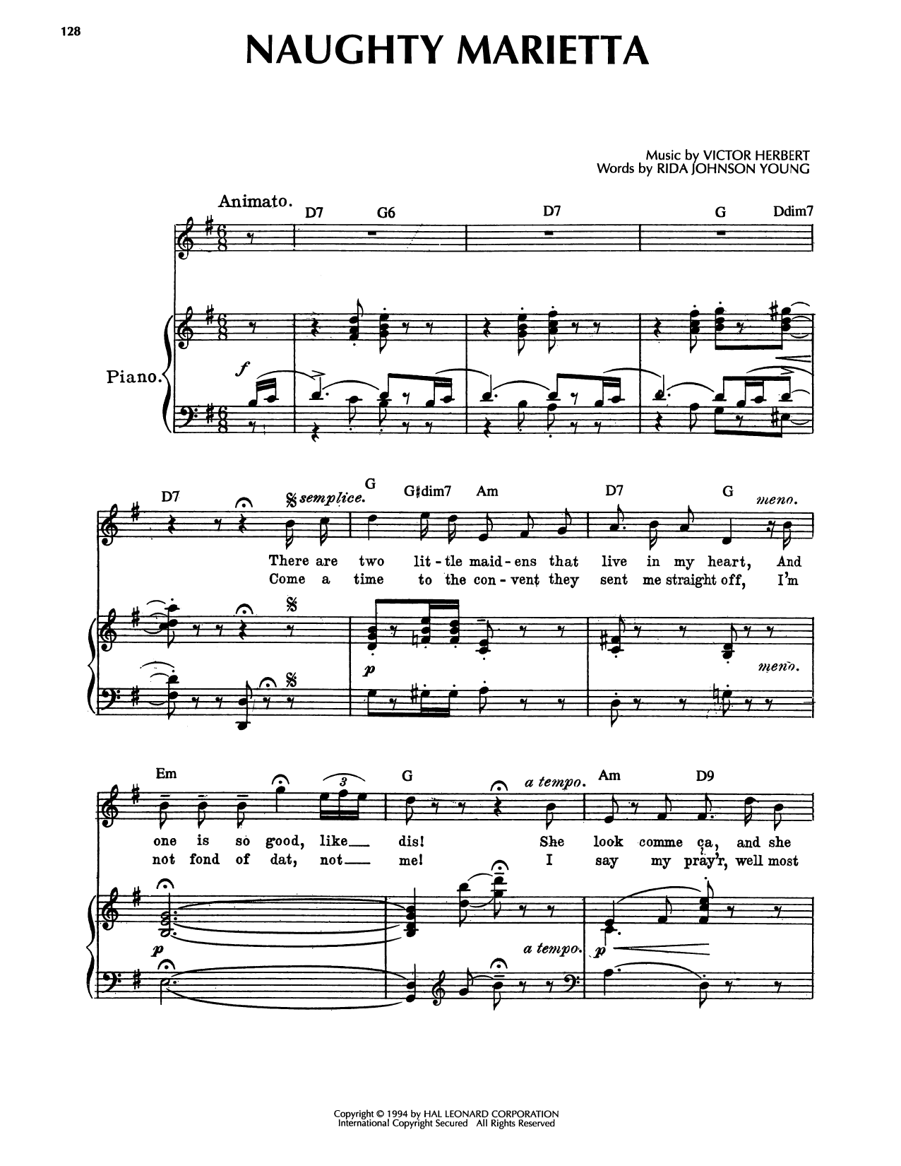 Rida Johnson Young Naughty Marietta sheet music notes and chords arranged for Piano, Vocal & Guitar Chords (Right-Hand Melody)