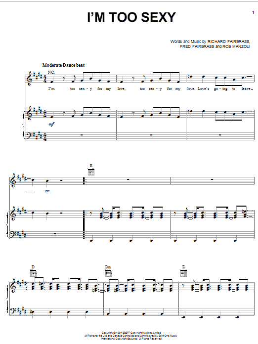 Right Said Fred I'm Too Sexy sheet music notes and chords arranged for Piano, Vocal & Guitar Chords (Right-Hand Melody)