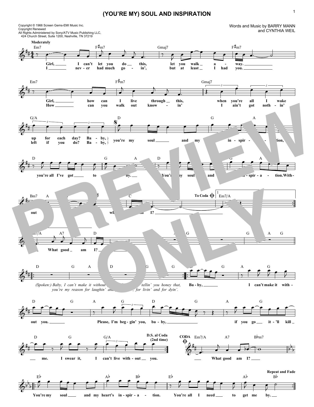 Righteous Brothers (You're My) Soul And Inspiration sheet music notes and chords arranged for Lead Sheet / Fake Book