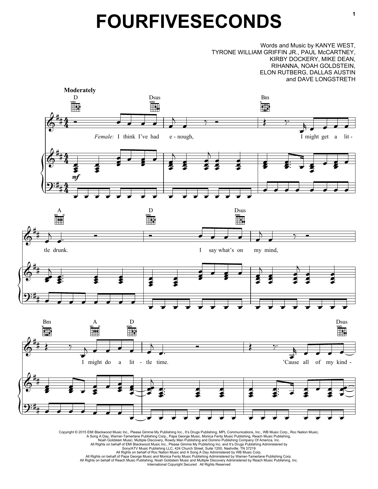 Rihanna & Kanye West & Paul McCartney FourFiveSeconds sheet music notes and chords arranged for Piano, Vocal & Guitar Chords (Right-Hand Melody)