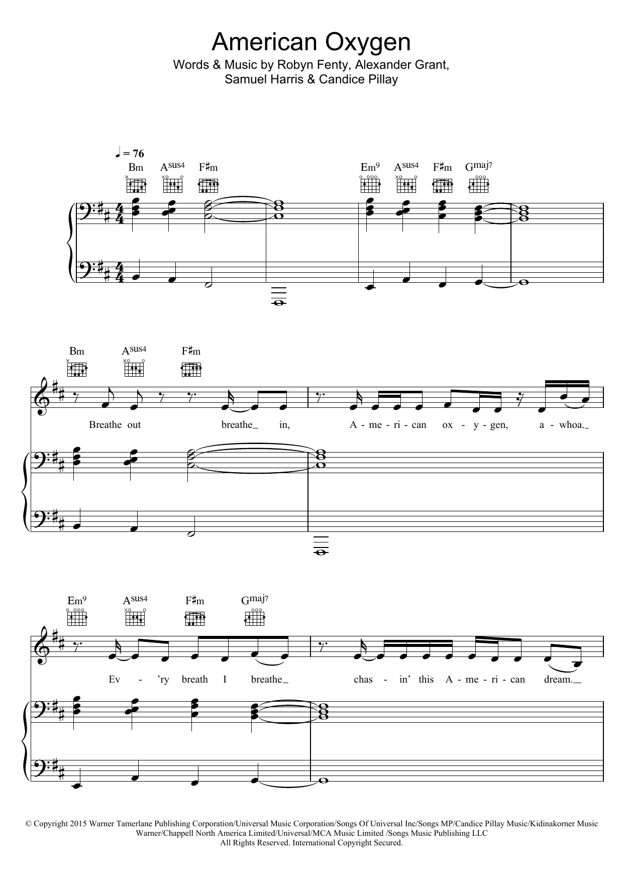 Rihanna American Oxygen sheet music notes and chords arranged for Piano, Vocal & Guitar Chords