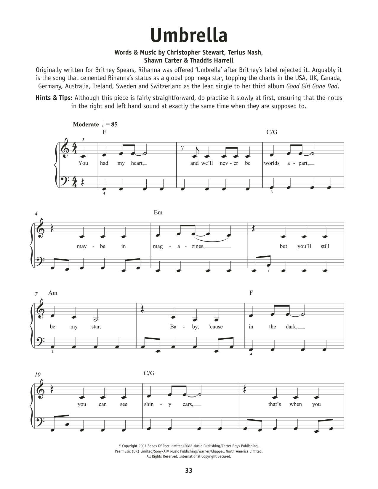 Rihanna and Jay-Z Umbrella sheet music notes and chords arranged for Really Easy Piano