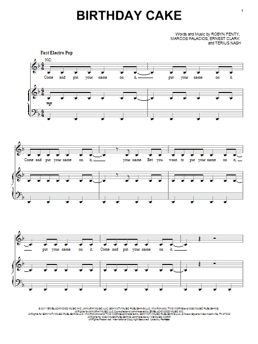 Rihanna Birthday Cake sheet music notes and chords arranged for Piano, Vocal & Guitar Chords (Right-Hand Melody)
