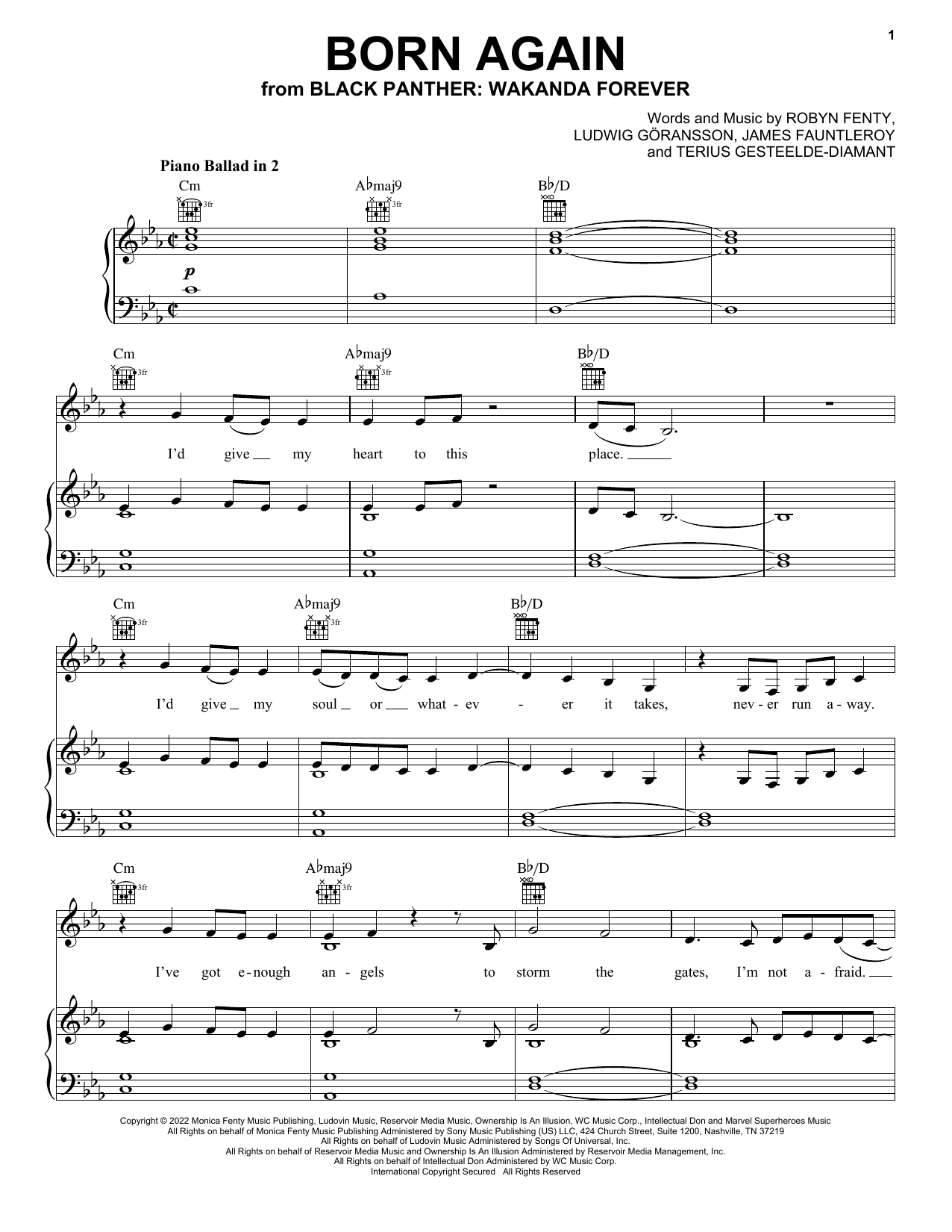 Rihanna Born Again (from Black Panther: Wakanda Forever) sheet music notes and chords arranged for Piano, Vocal & Guitar Chords (Right-Hand Melody)