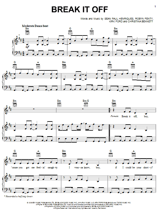 Rihanna Break It Off sheet music notes and chords arranged for Piano, Vocal & Guitar Chords (Right-Hand Melody)