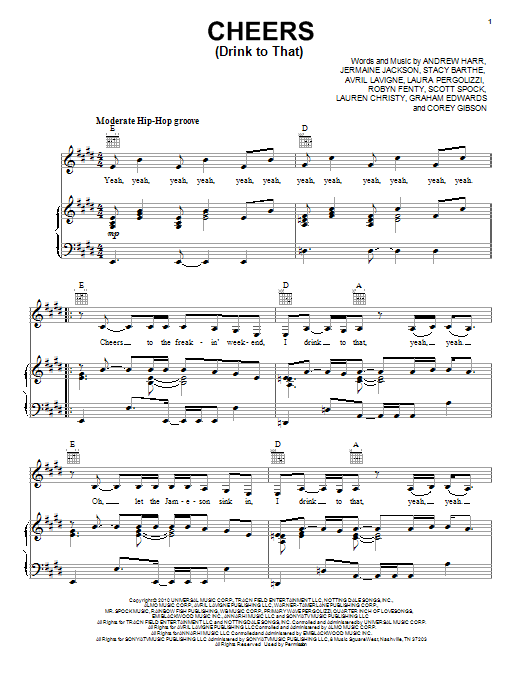 Rihanna Cheers (Drink To That) sheet music notes and chords arranged for Piano, Vocal & Guitar Chords