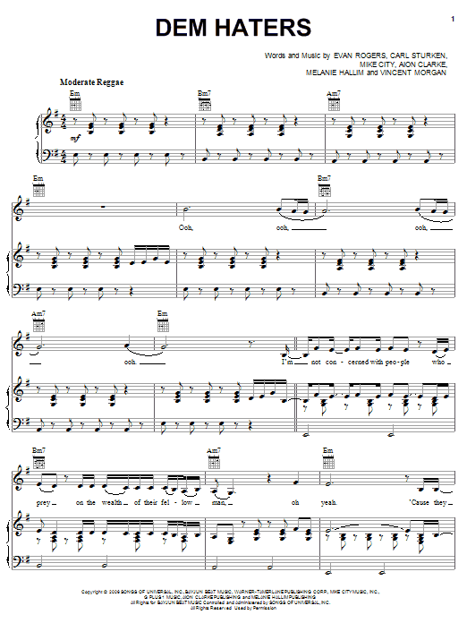 Rihanna Dem Haters sheet music notes and chords arranged for Piano, Vocal & Guitar Chords (Right-Hand Melody)