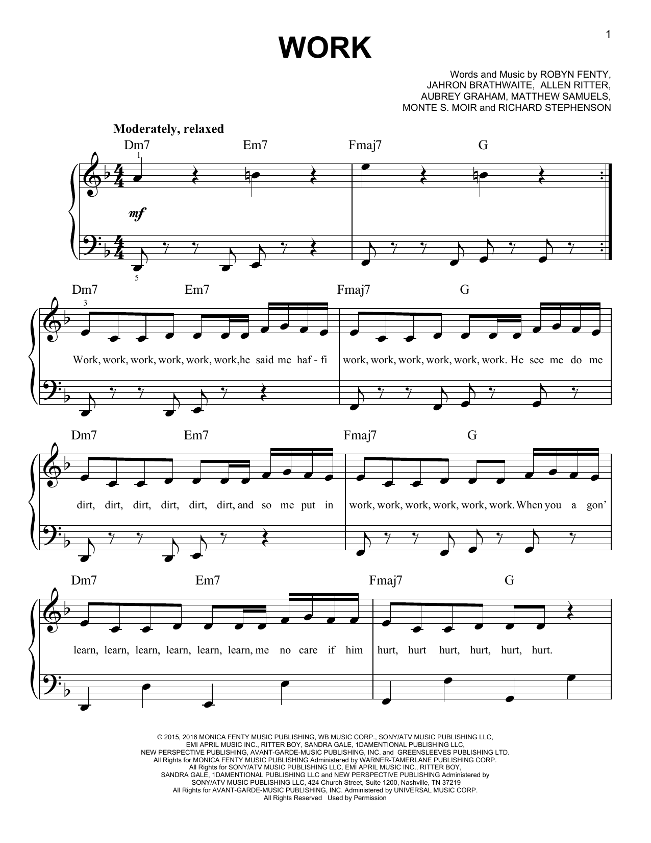 Rihanna feat. Drake Work sheet music notes and chords arranged for Easy Piano