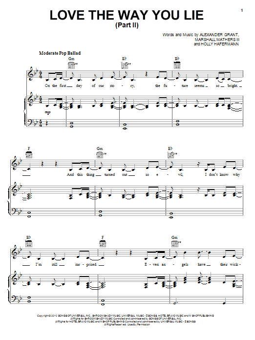 Rihanna feat. Eminem Love The Way You Lie, Pt. 2 sheet music notes and chords arranged for Piano, Vocal & Guitar Chords (Right-Hand Melody)