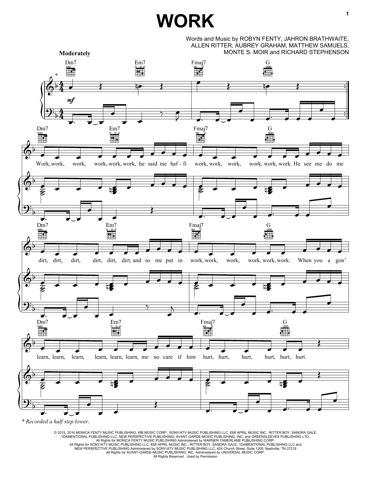 Rihanna featuring Drake Work sheet music notes and chords arranged for Piano, Vocal & Guitar Chords (Right-Hand Melody)