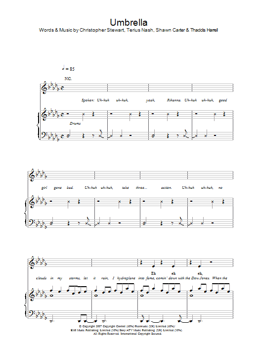 Rihanna Umbrella sheet music notes and chords arranged for Piano Chords/Lyrics