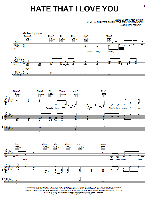 Rihanna featuring Ne-Yo Hate That I Love You sheet music notes and chords arranged for Piano, Vocal & Guitar Chords (Right-Hand Melody)