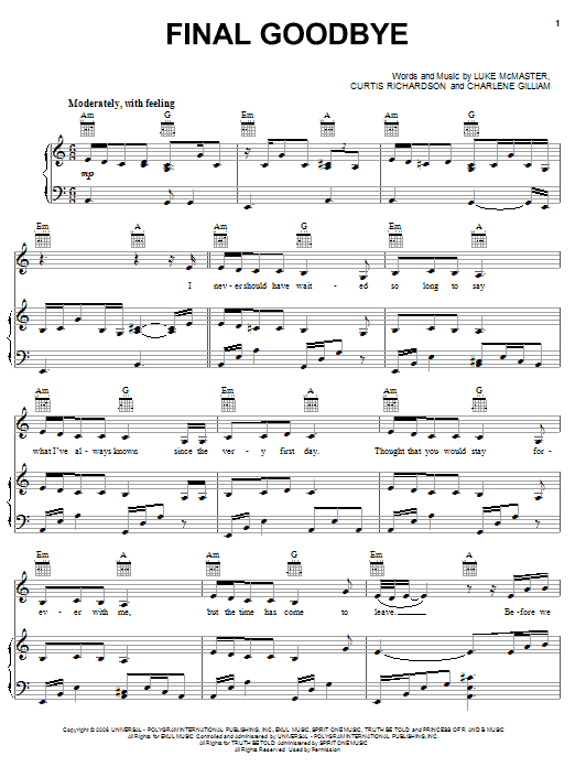 Rihanna Final Goodbye sheet music notes and chords arranged for Piano, Vocal & Guitar Chords (Right-Hand Melody)