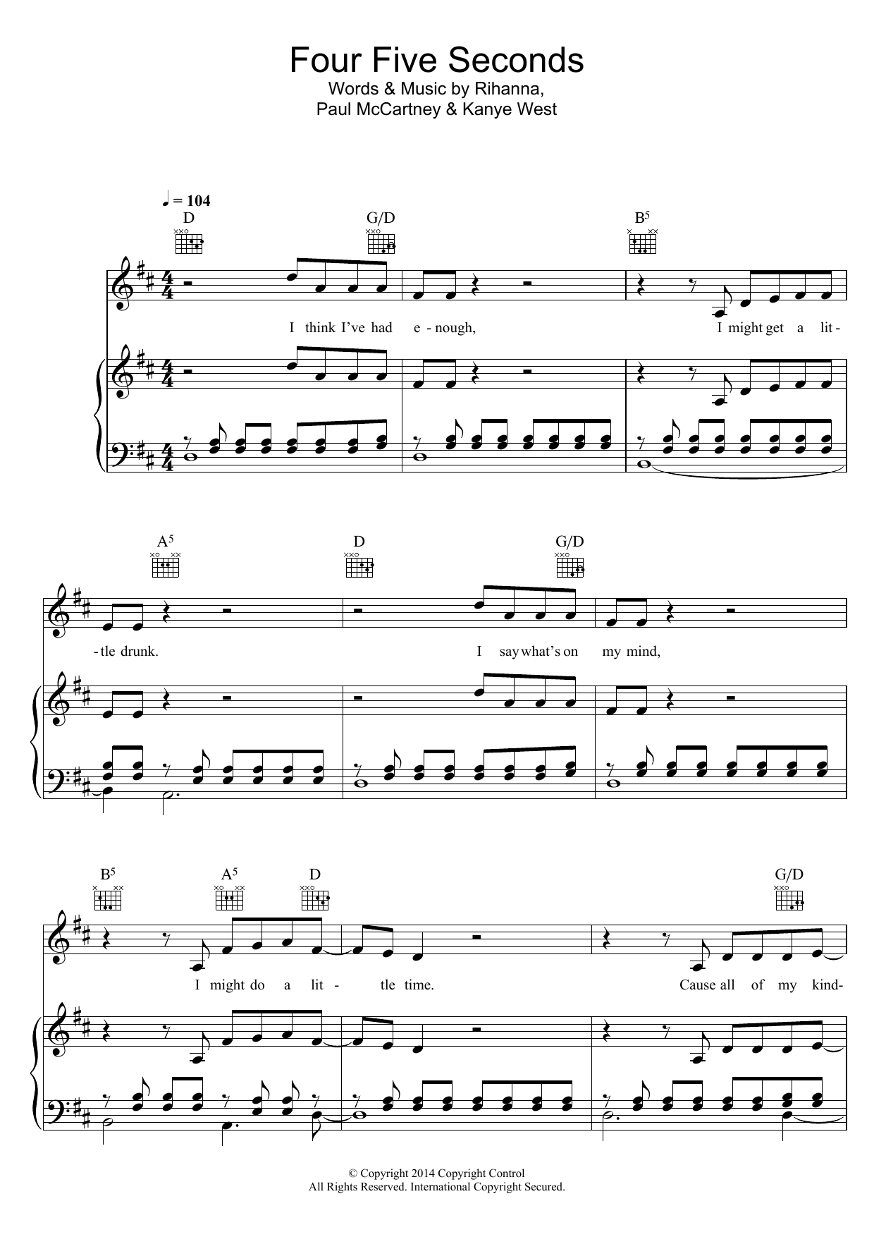 Rihanna FourFiveSeconds (featuring Kanye West and Paul McCartney) sheet music notes and chords arranged for Guitar Chords/Lyrics