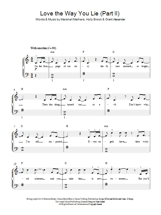 Rihanna Love The Way You Lie, Part II (feat. Eminem) sheet music notes and chords arranged for Easy Piano