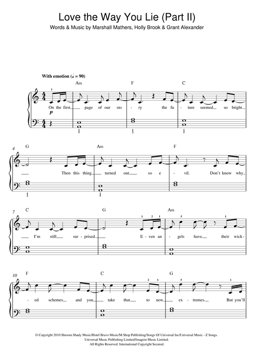 Rihanna Love The Way You Lie, Part II (feat. Eminem) sheet music notes and chords arranged for Beginner Piano