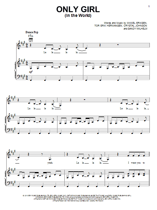 Rihanna Only Girl (In The World) sheet music notes and chords arranged for Piano, Vocal & Guitar Chords