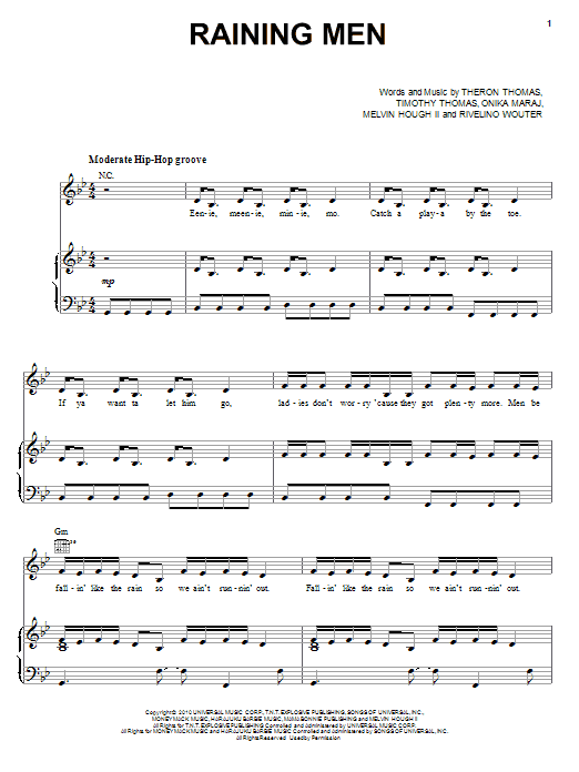 Rihanna Raining Men sheet music notes and chords arranged for Piano, Vocal & Guitar Chords (Right-Hand Melody)