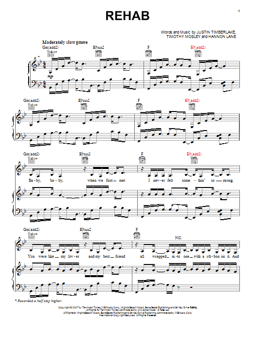 Rihanna Rehab sheet music notes and chords arranged for Piano, Vocal & Guitar Chords (Right-Hand Melody)