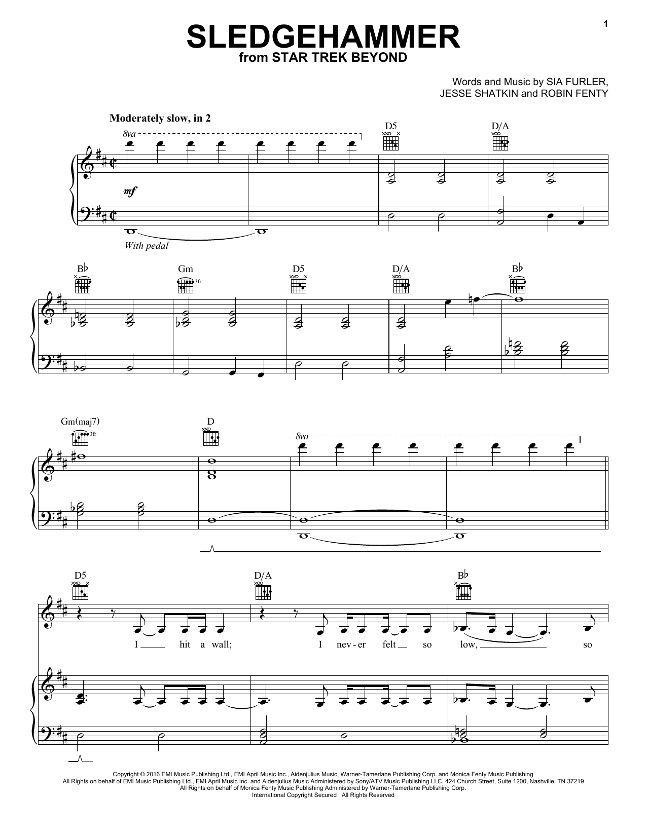 Rihanna Sledgehammer sheet music notes and chords arranged for Piano, Vocal & Guitar Chords (Right-Hand Melody)