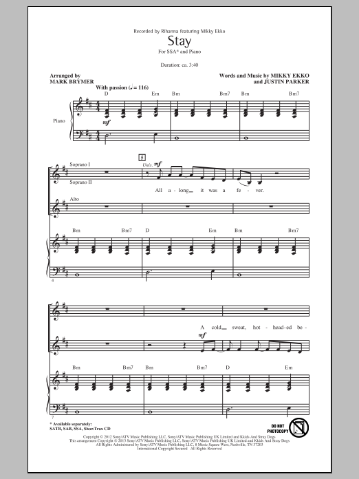 Rihanna Stay (arr. Mark Brymer) sheet music notes and chords arranged for SSA Choir