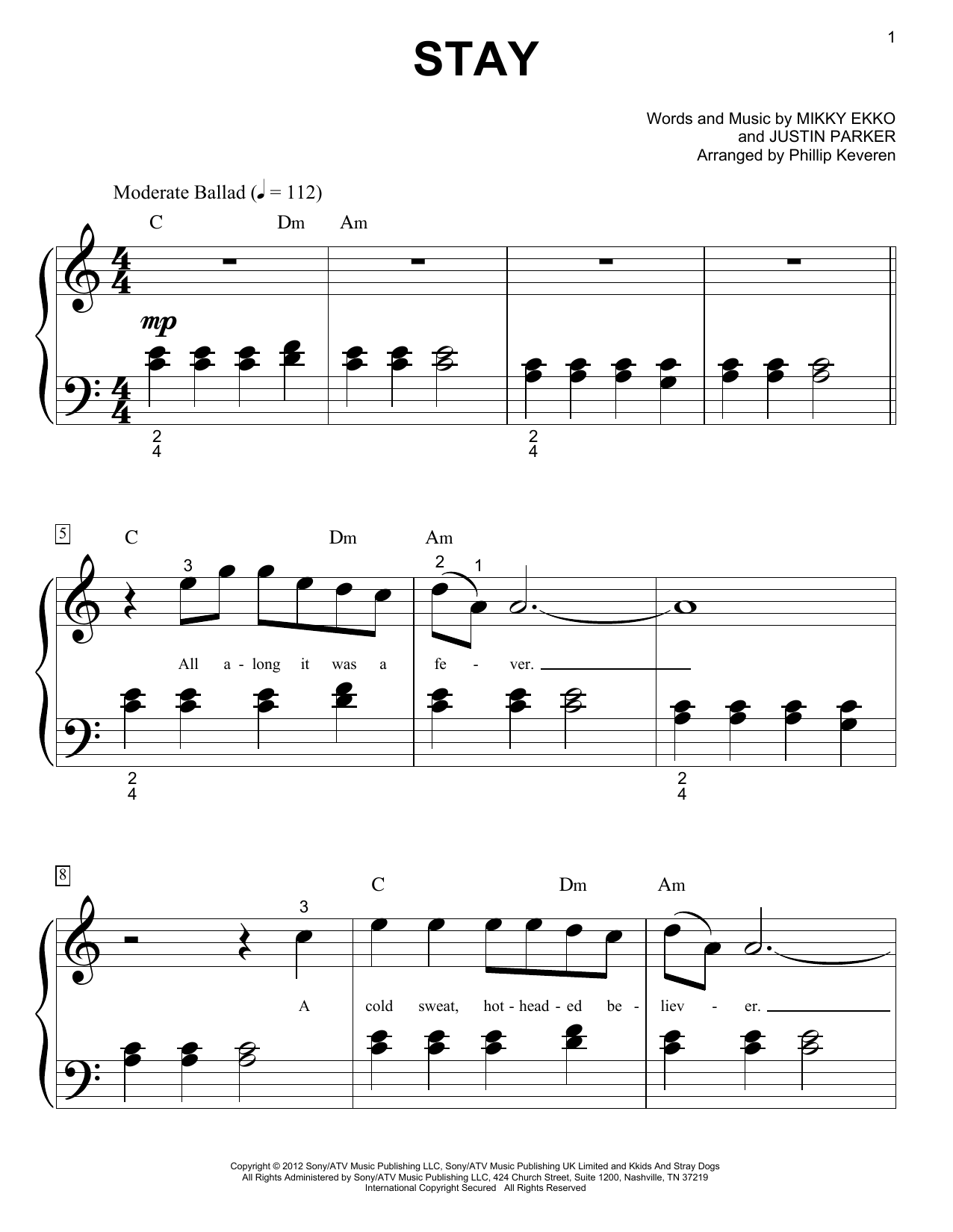 Rihanna Stay (arr. Phillip Keveren) sheet music notes and chords arranged for Big Note Piano