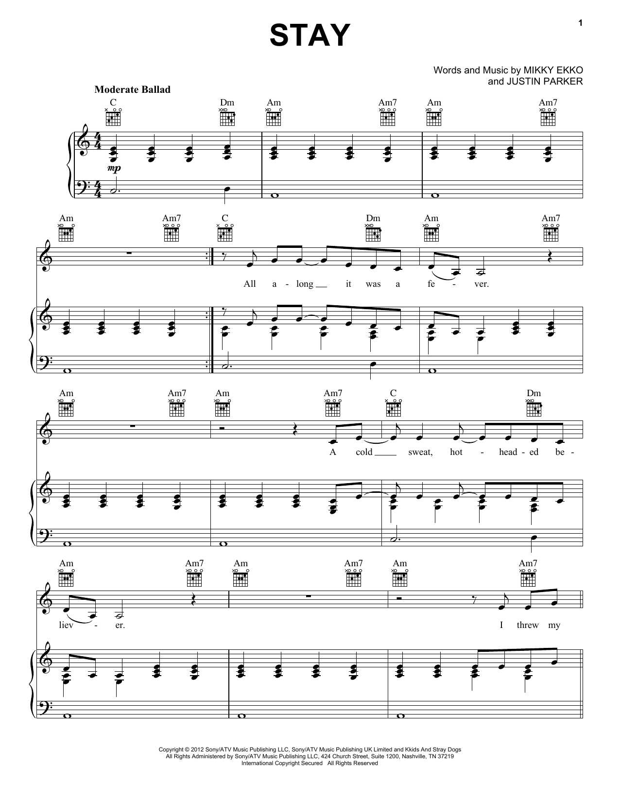 Rihanna Stay sheet music notes and chords arranged for Real Book – Melody, Lyrics & Chords