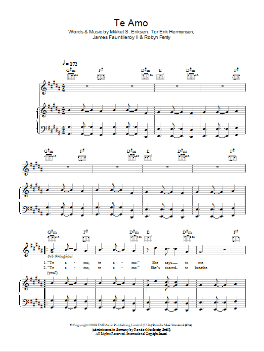 Rihanna Te Amo sheet music notes and chords arranged for Beginner Piano