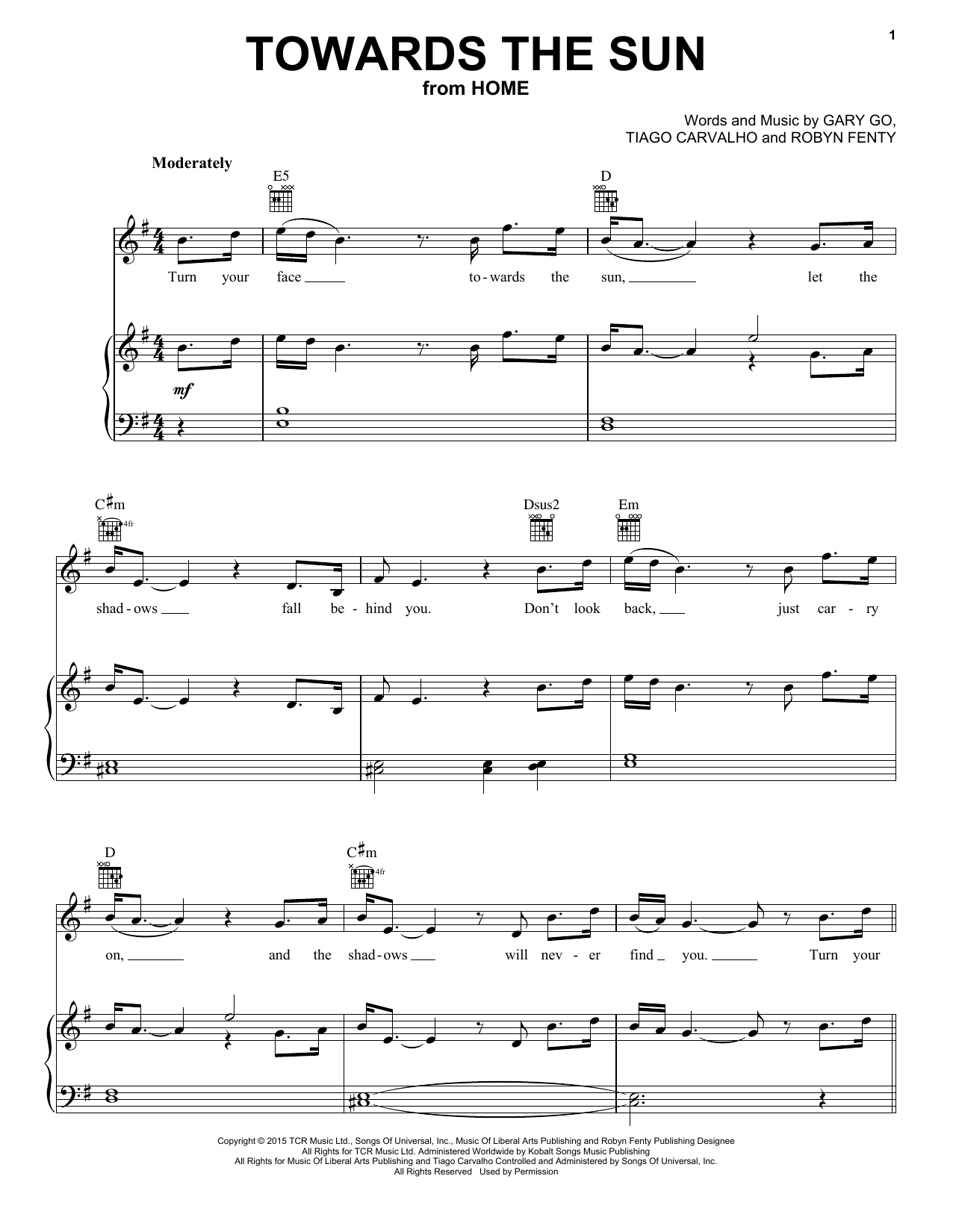 Rihanna Towards The Sun sheet music notes and chords arranged for Piano, Vocal & Guitar Chords (Right-Hand Melody)