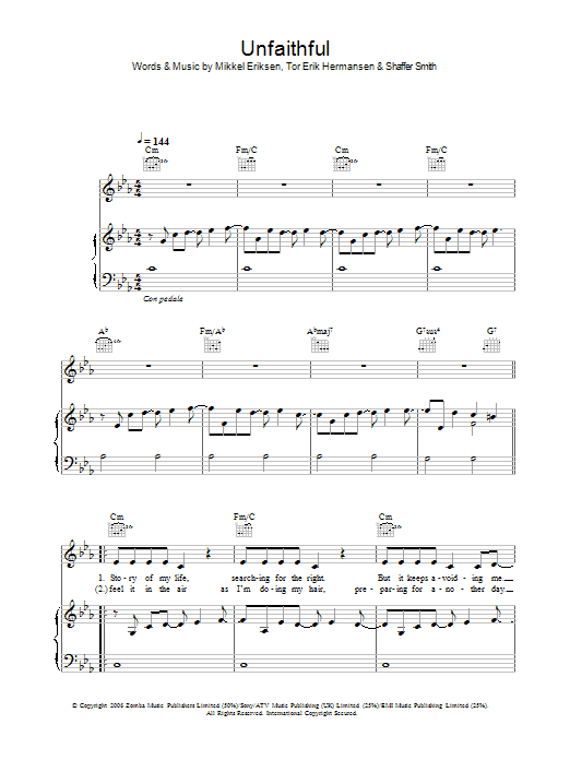Rihanna Unfaithful sheet music notes and chords arranged for Piano, Vocal & Guitar Chords (Right-Hand Melody)