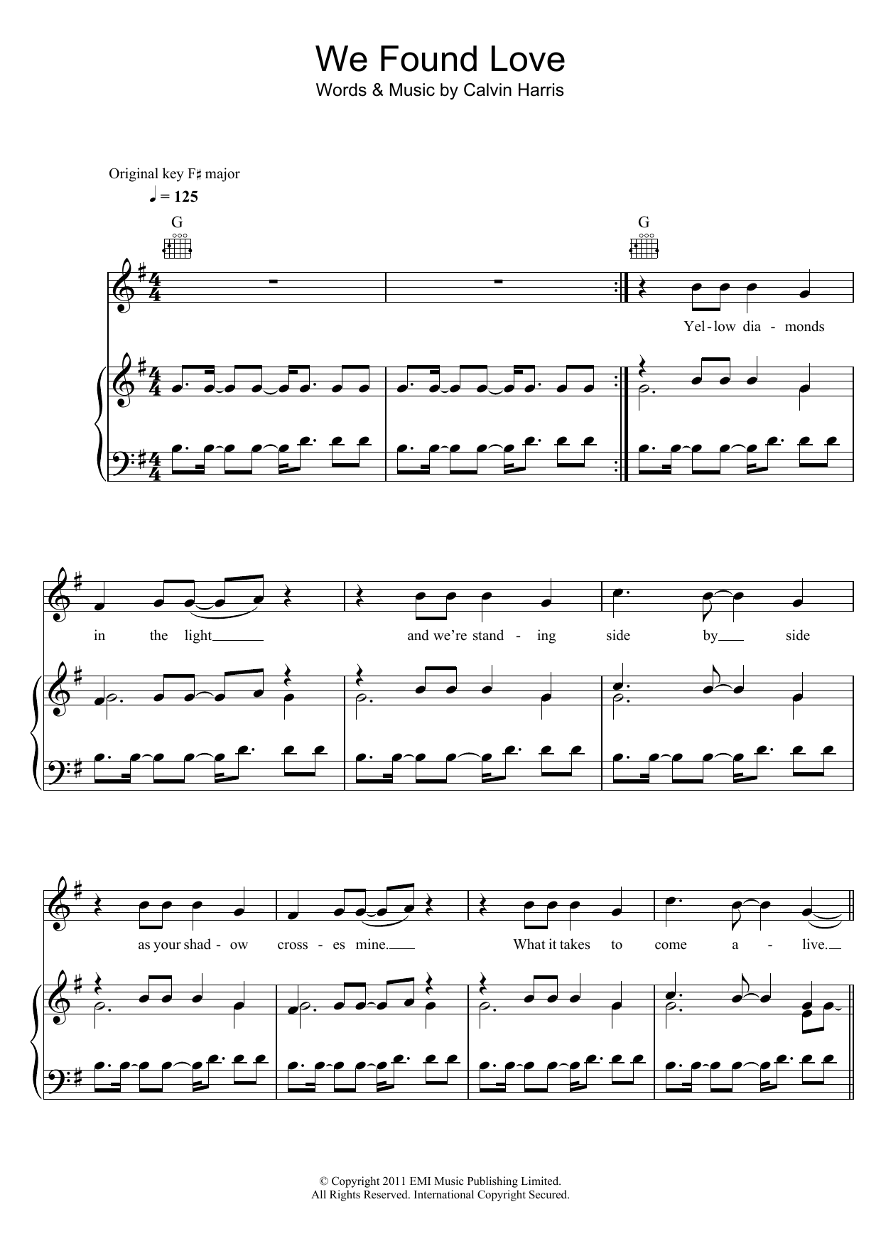 Rihanna We Found Love (featuring Calvin Harris) sheet music notes and chords arranged for Piano, Vocal & Guitar Chords