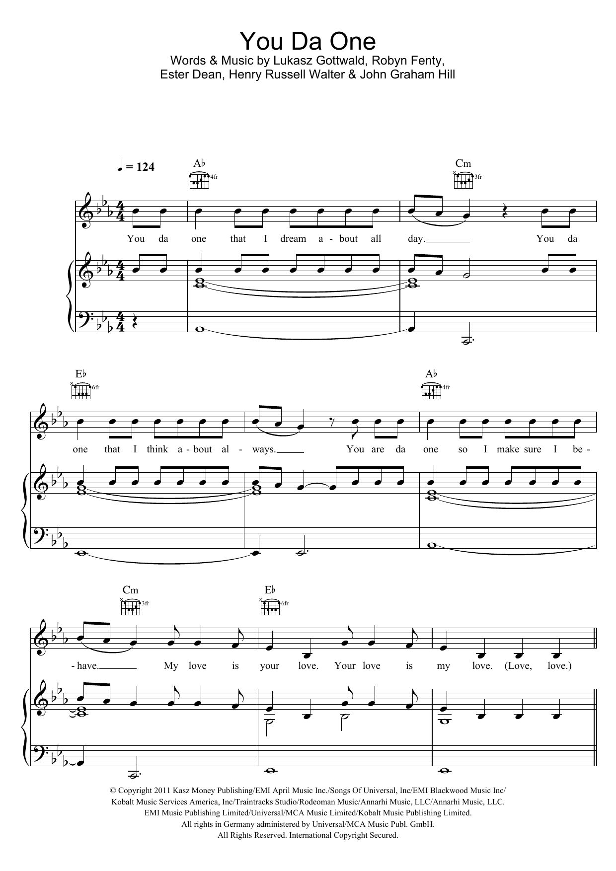 Rihanna You Da One sheet music notes and chords arranged for Piano, Vocal & Guitar Chords