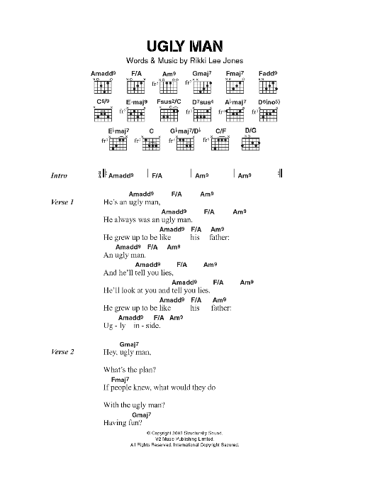 Rikki Lee Jones Ugly Man sheet music notes and chords arranged for Guitar Chords/Lyrics