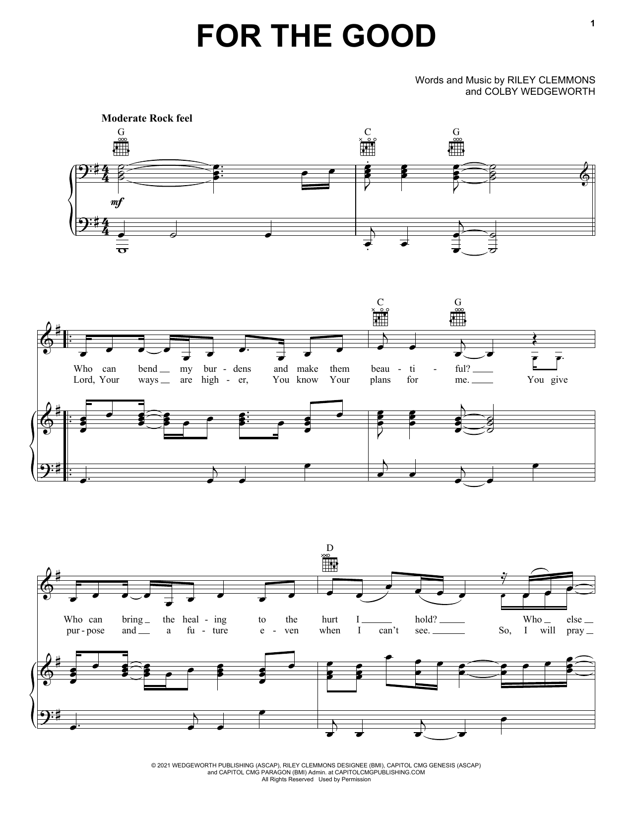 Riley Clemmons For The Good sheet music notes and chords arranged for Piano, Vocal & Guitar Chords (Right-Hand Melody)