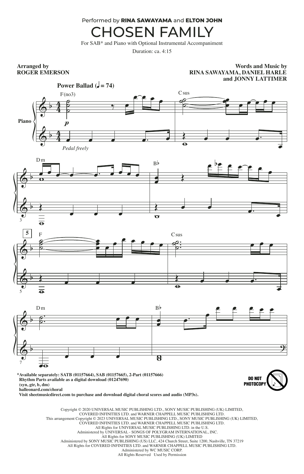 Rina Sawayama and Elton John Chosen Family (arr. Roger Emerson) sheet music notes and chords arranged for SATB Choir