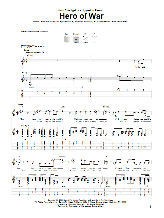 Rise Against Hero Of War sheet music notes and chords arranged for Guitar Tab