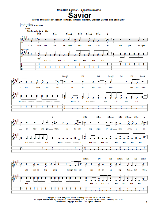 Rise Against Savior sheet music notes and chords arranged for Guitar Tab