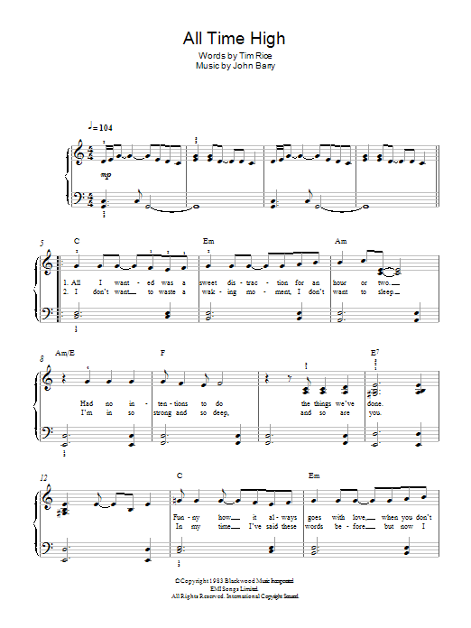 Rita Coolidge All Time High (from James Bond: Octopussy) sheet music notes and chords arranged for Easy Piano